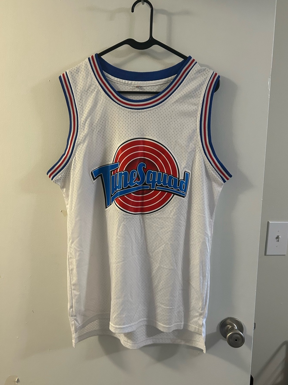 Tune Squad White Sleeveless Jersey with Blue & Red Trim